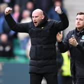 Hibs head coach David Gray celebrates his side going ahead against Hearts on Sunday. (Photo by Paul Devlin / SNS Group)