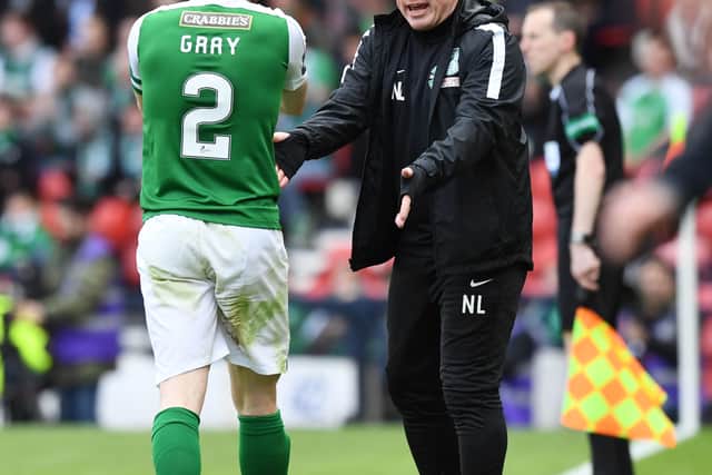 Former Hibs manager Neil Lennon with David Gray during a Scottish Cup semi-final against Aberdeen at Hampden in 2017.