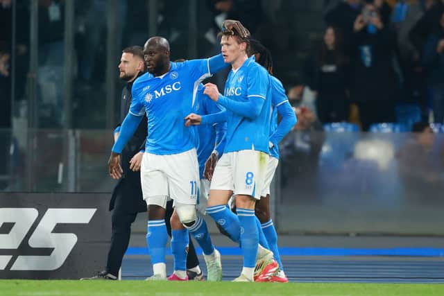 Scott McTominay celebrates with Napoli teammate Romelu Lukaku (left).