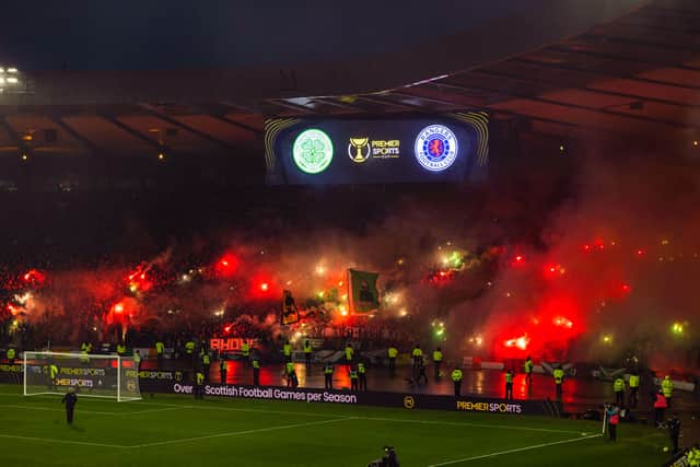 Celtic fans set off pyro during the 2024 Premier Sports Cup final against Rangers at Hampden. (Photo by Craig Foy / SNS Group)