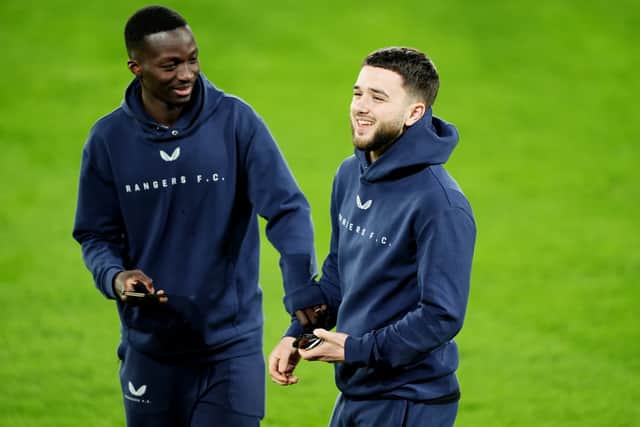 Rangers' Mohammed Diomande (left) and Nicolas Raskin inspect the pitch ahead of a press conference at the Ulker Stadium Fenerbahce Sukru Saracoglu Sports Complex in Istanbul, Turkey. Picture date: Wednesday March 5, 2025.