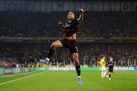 Cyriel Dessers celebrates his goal against Fenerbahce for Rangers.