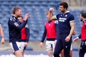 Finn Russell (left) and Blair Kinghorn during Scotland's team run at Scottish Gas Murrayfield before the Wales game.