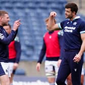 Finn Russell (left) and Blair Kinghorn during Scotland's team run at Scottish Gas Murrayfield before the Wales game.