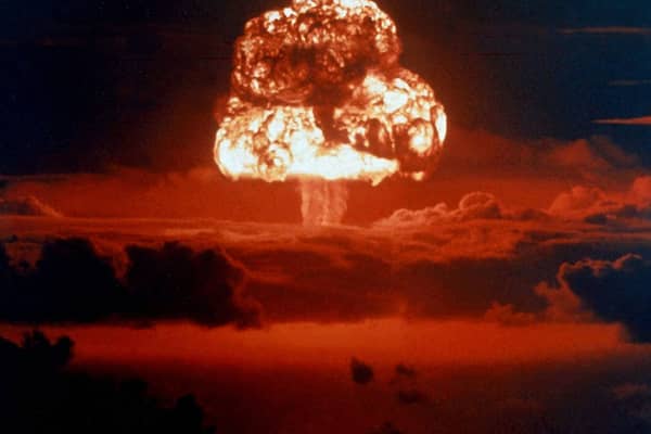A signature mushroom cloud rises from a nuclear bomb explosion on Bikini Atoll in 1954 (Picture: Galerie Bilderwelt)