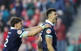 Scotland's Blair Kinghorn celebrates scoring his side's fifth try of the game against Wales. It was the full-back's second.