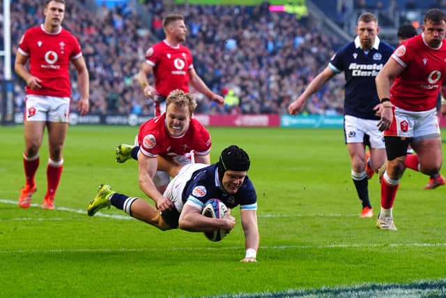 Darcy Graham scores Scotland's third try in the 35-29 win over Wales at Murrayfield.