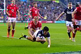 Darcy Graham scores Scotland's third try in the 35-29 win over Wales at Murrayfield.