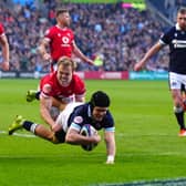 Darcy Graham scores Scotland's third try in the 35-29 win over Wales at Murrayfield.