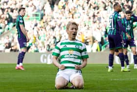 Daizen Maeda scored his 27th goal of the season for Celtic against Hibs.