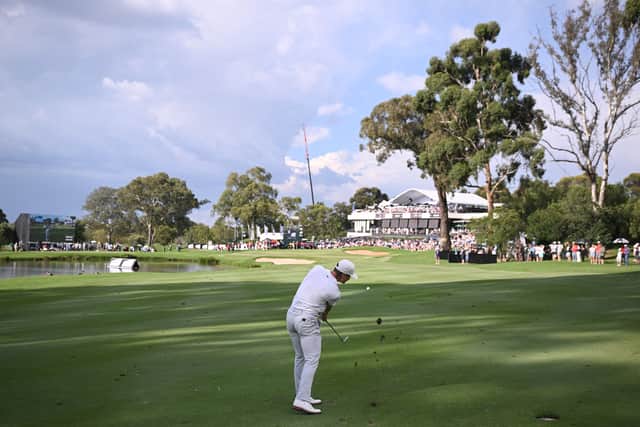 Calum Hill hits his second shoton the 18th hole during the first play-off hole at Houghton Golf Club on Sunday 