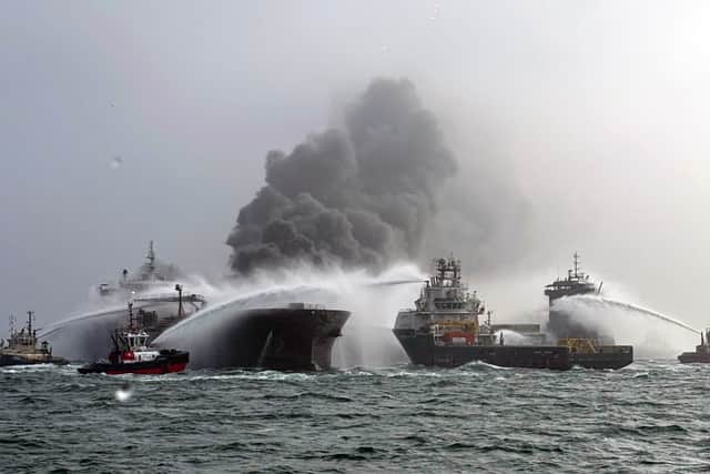Smoke billowing from the stricken tanker in the North Sea