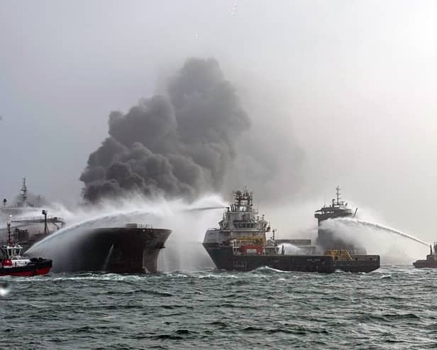 Smoke billowing from the stricken tanker in the North Sea