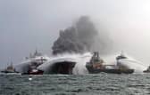 Smoke billowing from the stricken tanker in the North Sea