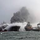 Smoke billowing from the stricken tanker in the North Sea