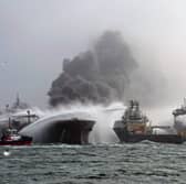 Smoke billowing from the stricken tanker in the North Sea