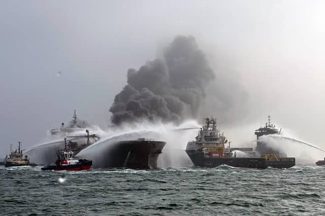 Smoke billowing from the stricken tanker in the North Sea