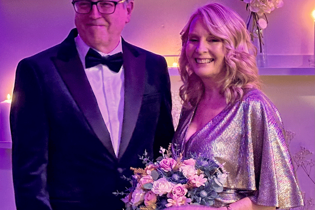 Book shop owner Sarah Frame and crime writer Douglas Skelton on their wedding day in The Book Nook.