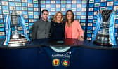 Lewis Stevenson (left) and Julie Fleeting (right) conduct the Scottish Gas Men's Scottish Cup semi-final draw alongside Jane Lewis (centre). (Photo by Paul Devlin / SNS Group)