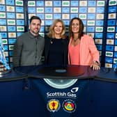 Lewis Stevenson (left) and Julie Fleeting (right) conduct the Scottish Gas Men's Scottish Cup semi-final draw alongside Jane Lewis (centre). (Photo by Paul Devlin / SNS Group)