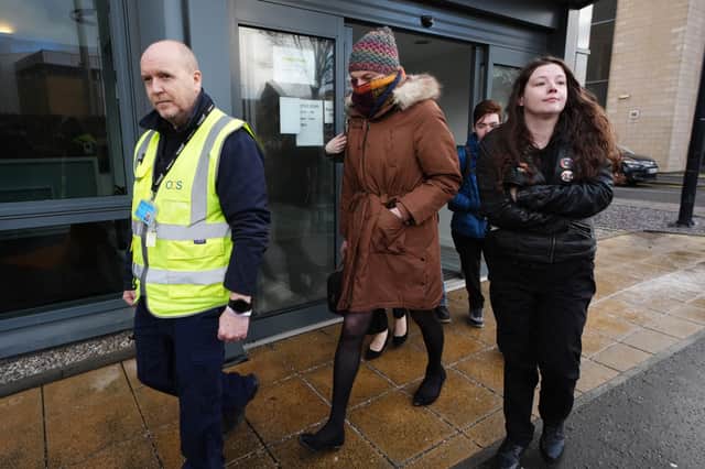 Dr Beth Upton, centre, leaves an employment tribunal in Dundee where nurse Sandie Peggie has brought a case against NHS Fife (Picture: Andrew Milligan)
