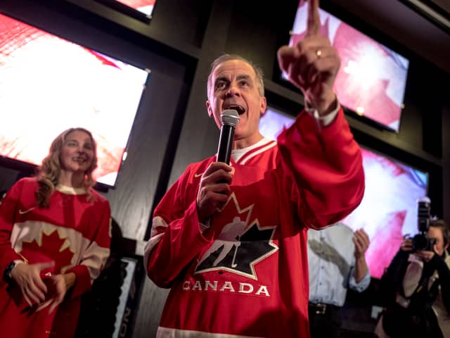 Mark Carney, who has since become Canada's Prime Minister and Liberal leader, speaks to supporters at a party to watch an ice hockey game against the US last month (Picture: Andrej Ivanov)