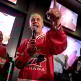 Mark Carney, who has since become Canada's Prime Minister and Liberal leader, speaks to supporters at a party to watch an ice hockey game against the US last month (Picture: Andrej Ivanov)