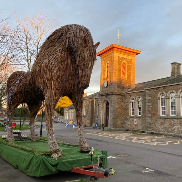 Horse sculpture tribute to the locally-filmed The Wicker Man at The Johnston, Dark Sky Distillery, Kircudbright