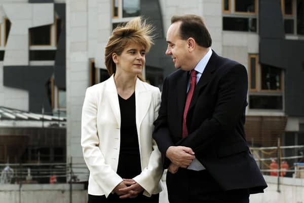 New deputy SNP leader Nicola Sturgeon with Alex Salmond after he was declared winner of the Scottish National Party leadership campaign in Edinburgh in 2004. The former leader won 4,952 votes, some 76 percent of the total, and was joined in office by his running mate, who comfortably won election as deputy leader