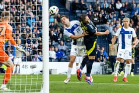 Scotland's Lawrence Shankland scores to make it 2-0 during an International Friendly match between Scotland and Finland at Hampden Park in June 2024. Cr: SNS Group.
