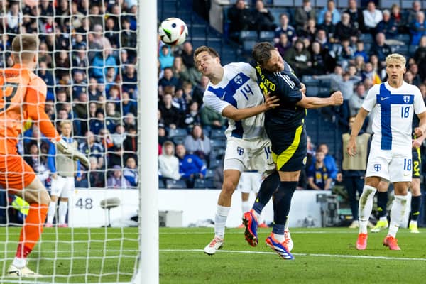 Scotland's Lawrence Shankland scores to make it 2-0 during an International Friendly match between Scotland and Finland at Hampden Park in June 2024. Cr: SNS Group.