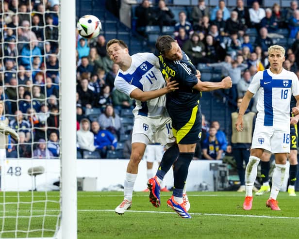 Scotland's Lawrence Shankland scores to make it 2-0 during an International Friendly match between Scotland and Finland at Hampden Park in June 2024. Cr: SNS Group.
