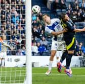 Scotland's Lawrence Shankland scores to make it 2-0 during an International Friendly match between Scotland and Finland at Hampden Park in June 2024. Cr: SNS Group.