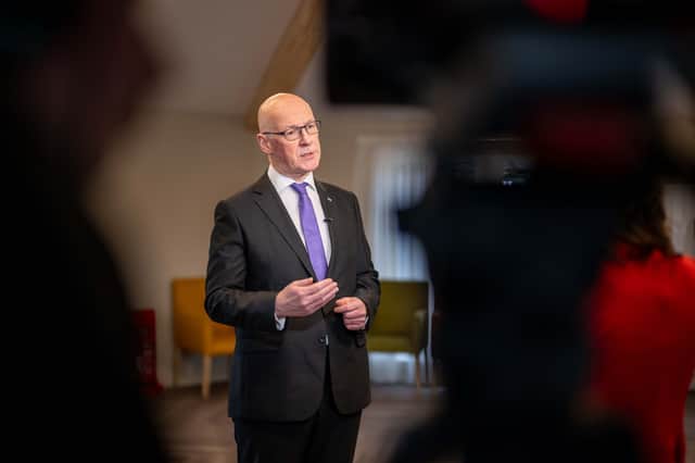 First Minister John Swinney speaks to the media during a visit to officially open Phoenix Future's Rae House residential rehabilitation centre in Alford, Aberdeenshire, on Wednesday