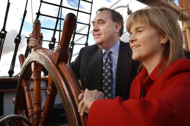 Scottish National Party leader Alex Salmond and deputy leader Nicola Sturgeon launch their party's election campaign from the deck of the Discovery in Dundee.
