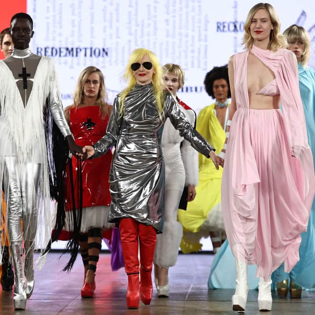 Pam Hogg takes the applause after a catwalk presentation for her Spring/Summer 2024 collection, at London Fashion Week in London, 2023.