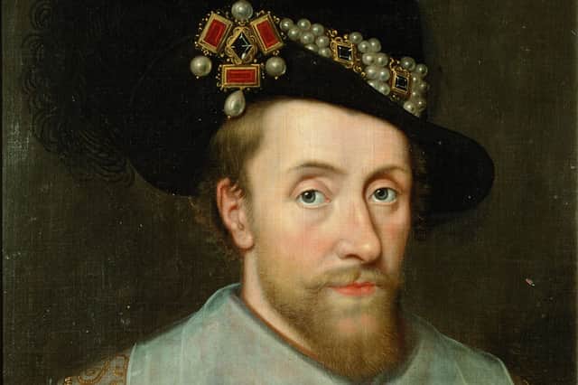 Painting of James I and VI wearing the jewel called the Three Brothers in his hat, after John de Critz, c. 1605