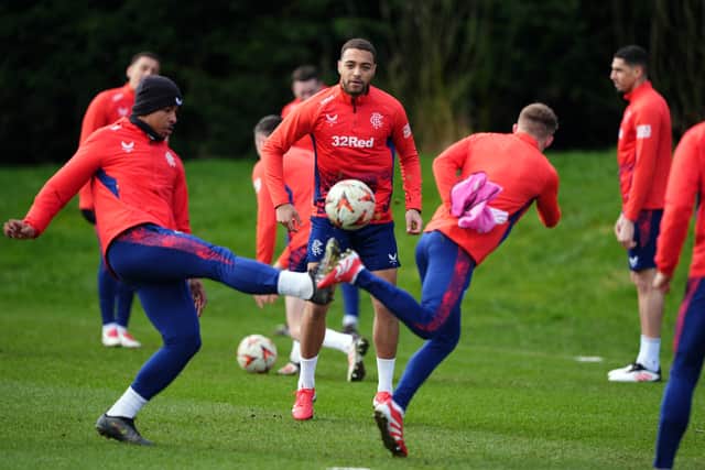 Cyriel Dessers during a training session at the Rangers Training Centre on Wednesday.
