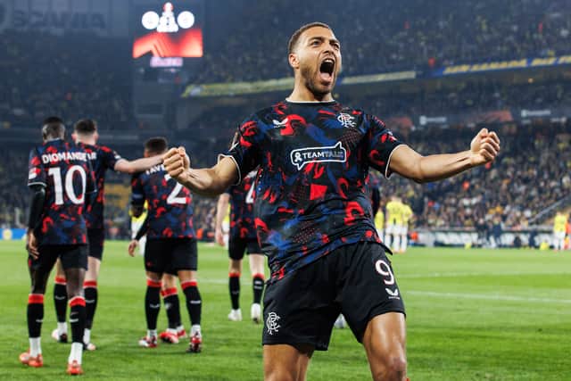 Rangers striker Cyriel Dessers celebrates scoring the opener in the 3-1 victory over Fenerbahce in Turkey last week. (Photo by Alan Harvey / SNS Group)