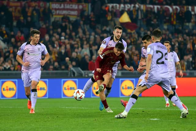 Eldor Shomurodov scores for Roma in their 2-1 victory over Athletic Club in the Europa League last 16 first leg last week. (Photo by Paolo Bruno/Getty Images)