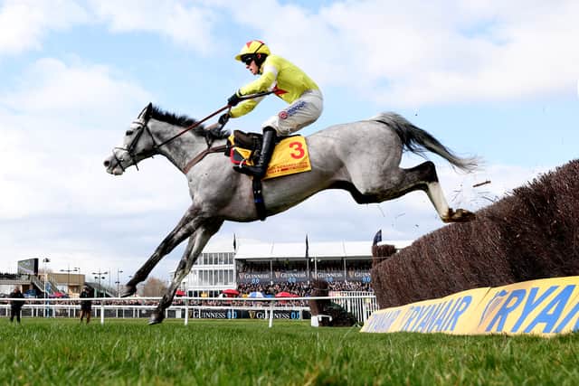 Harry Cobden riding Caldwell Potter clears the last fence on his way to winning the Jack Richards Novices' Limited Handicap Chase.