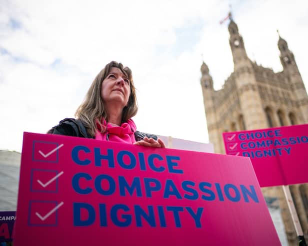 Demonstrators during a protest outside the Houses of Parliament in London to call for reform as peers debate the new assisted dying legislation. Concerns have been raised with MSPs that women living with an abusive partner who have been diagnosed with a terminal illness could be "coerced into consenting to an assisted death". 