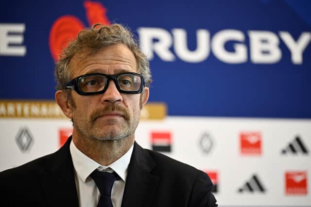 France coach Fabien Galthie gives a press conference to announce his team to face Scotland. (Photo by JULIEN DE ROSA/AFP via Getty Images)
