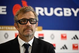 France coach Fabien Galthie gives a press conference to announce his team to face Scotland. (Photo by JULIEN DE ROSA/AFP via Getty Images)          