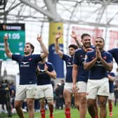 France players celebrate their Guinness Six Nations victory over Ireland in Dublin. (Photo by Charles McQuillan/Getty Images)