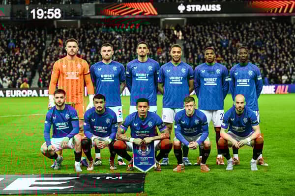 Rangers players pose for a team picture ahead of the Europa League last 16 second leg against Fenerbahce. (Photo by Rob Casey / SNS Group)