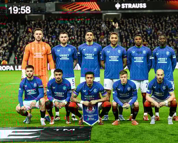 Rangers players pose for a team picture ahead of the Europa League last 16 second leg against Fenerbahce. (Photo by Rob Casey / SNS Group)