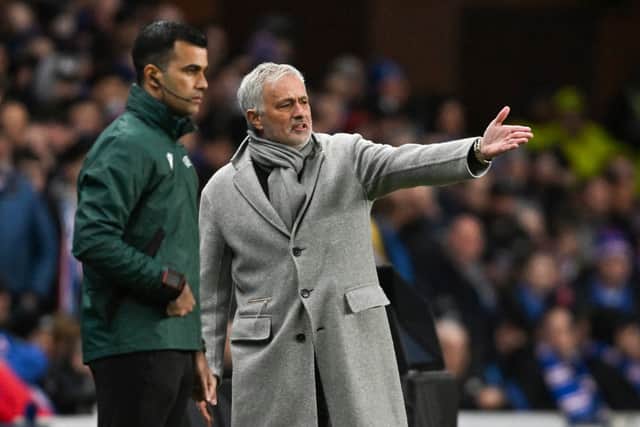 Fenerbahce manager Jose Mourinho pleads to the fourth official during the Europa League match against Rangers at Ibrox. (Photo by Rob Casey / SNS Group)