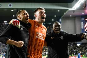 Rangers goalkeeper Jack Butland celebrates with Cyriel Dessers  (L) and Mohamed Diomande (R) after the penalty shoot-out win over Fenerbahce. (Photo by Alan Harvey / SNS Group)