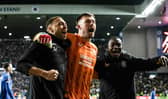 Rangers goalkeeper Jack Butland celebrates with Cyriel Dessers  (L) and Mohamed Diomande (R) after the penalty shoot-out win over Fenerbahce. (Photo by Alan Harvey / SNS Group)